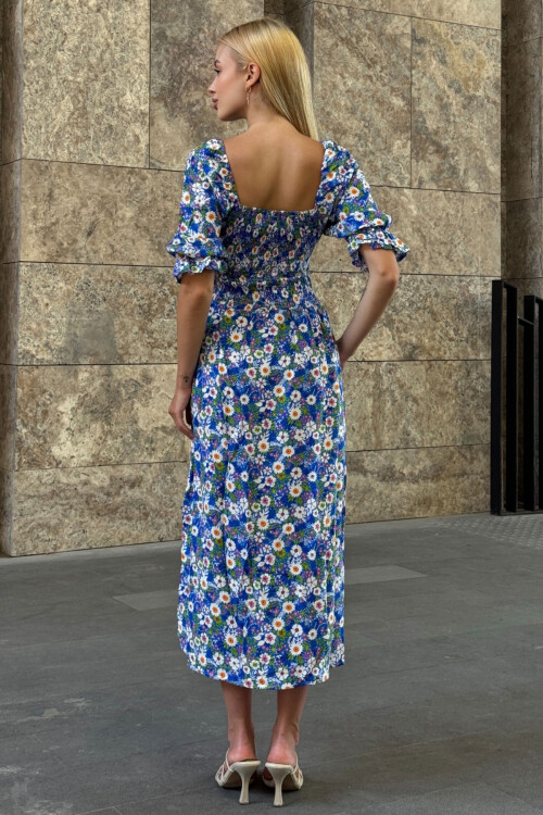 Mavi Kare Yaka Beli Gipeli Çiçek Desenli Dokuma Yazlık Elbise BCVL-25V095