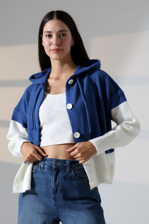 Mavi Renk Bloklu Kapüşonlu Düğmeli Triko Hırka BCES-252017