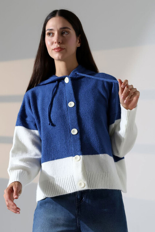 Mavi Renk Bloklu Kapüşonlu Düğmeli Triko Hırka BCES-252017