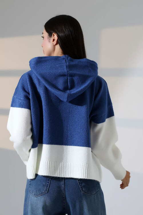 Mavi Renk Bloklu Kapüşonlu Düğmeli Triko Hırka BCES-252017