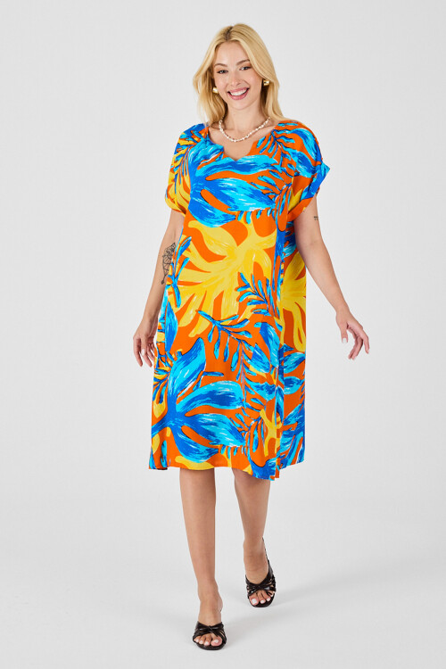 Mavi-Sarı Tropik Desenli V Yaka Rahat Kesim Elbise BCVL-254020