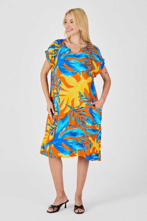 Mavi-Sarı Tropik Desenli V Yaka Rahat Kesim Elbise BCVL-254020