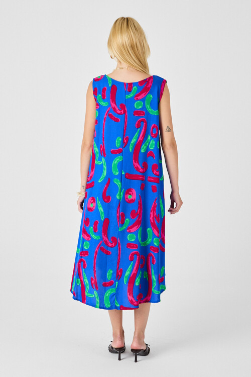 Mavi U Yaka Kolsuz Asimetrik Kesim Midi Boy Elbise BCVL-254017