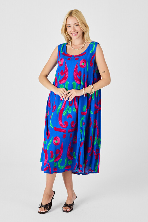 Mavi U Yaka Kolsuz Asimetrik Kesim Midi Boy Elbise BCVL-254017