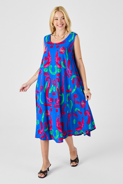 Mavi U Yaka Kolsuz Asimetrik Kesim Midi Boy Elbise BCVL-254017