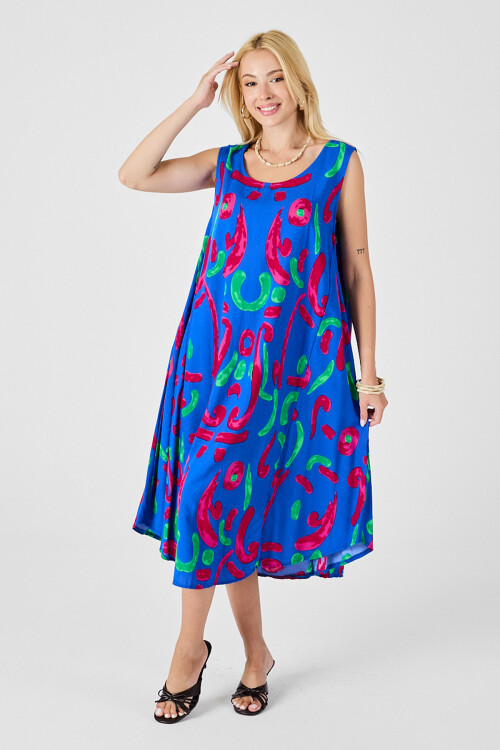 Mavi U Yaka Kolsuz Asimetrik Kesim Midi Boy Elbise BCVL-254017