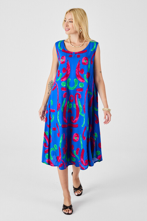 Mavi U Yaka Kolsuz Asimetrik Kesim Midi Boy Elbise BCVL-254017