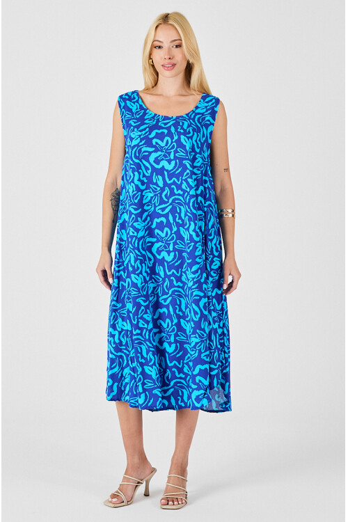 Mavi U Yaka Kolsuz Eteği Asimetrik Kesim Desenli Midi Boy Elbise BCVL-254016