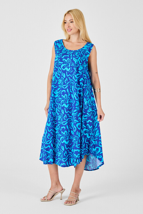 Mavi U Yaka Kolsuz Eteği Asimetrik Kesim Desenli Midi Boy Elbise BCVL-254016