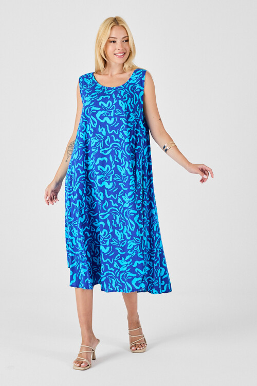 Mavi U Yaka Kolsuz Eteği Asimetrik Kesim Desenli Midi Boy Elbise BCVL-254016