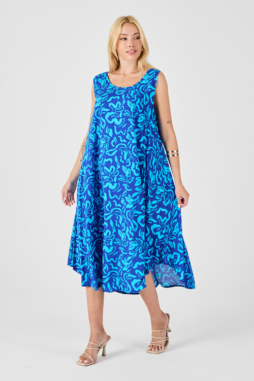 Mavi U Yaka Kolsuz Eteği Asimetrik Kesim Desenli Midi Boy Elbise BCVL-254016