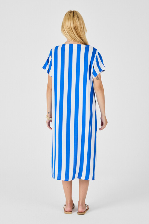 Mavi V Yaka Kısa Kollu Rahat Kesim Elbise BCVL-254003