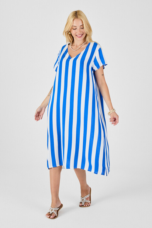 Mavi V Yaka Kısa Kollu Rahat Kesim Elbise BCVL-254003