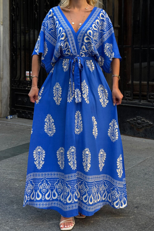 Mavi V Yaka Maxi Boy Yırtmaçlı Desenli Viscon Dokuma Elbise BCVL-25V208