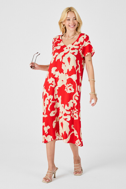 Mercan Derin V Yaka Yırtmaçlı Desenli Midi Boy Elbise BCVL-254012