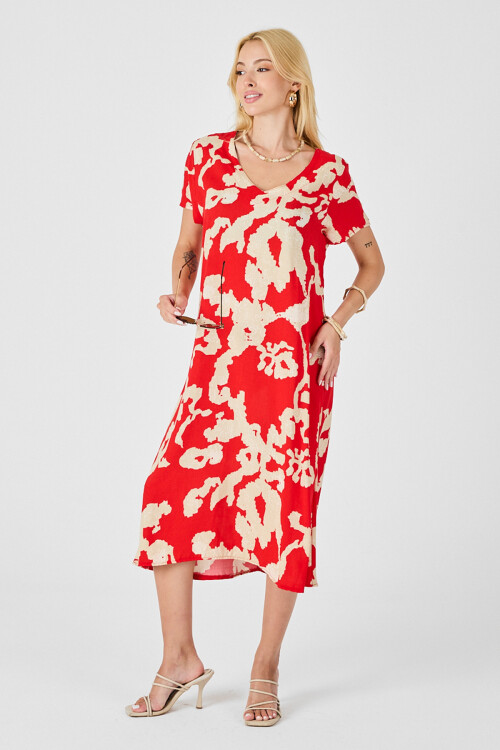 Mercan Derin V Yaka Yırtmaçlı Desenli Midi Boy Elbise BCVL-254012