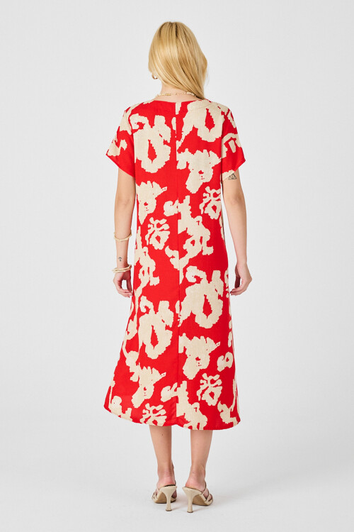 Mercan Derin V Yaka Yırtmaçlı Desenli Midi Boy Elbise BCVL-254012