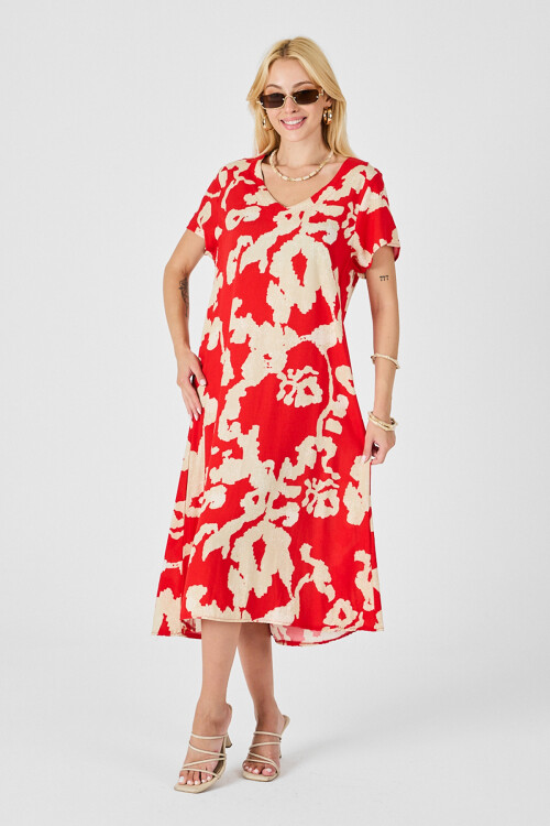 Mercan Derin V Yaka Yırtmaçlı Desenli Midi Boy Elbise BCVL-254012