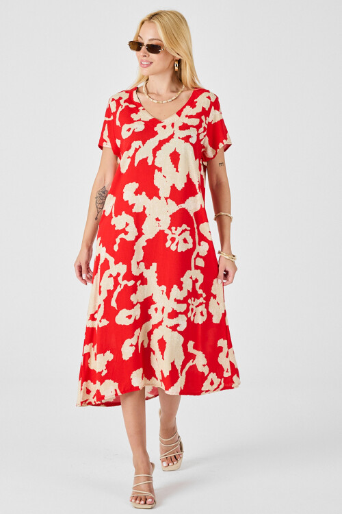 Mercan Derin V Yaka Yırtmaçlı Desenli Midi Boy Elbise BCVL-254012