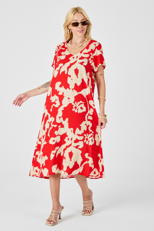 Mercan Derin V Yaka Yırtmaçlı Desenli Midi Boy Elbise BCVL-254012