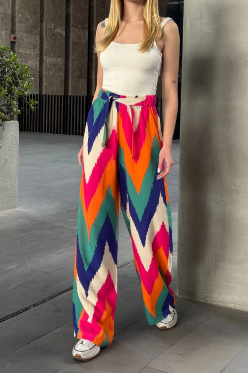 Mix Beli Bağlamalı Bol Kesim Palazzo Yazlık Pantolon