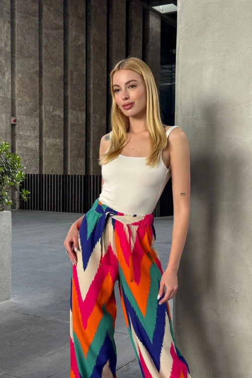 Mix Beli Bağlamalı Bol Kesim Palazzo Yazlık Pantolon