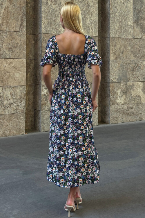 Mix Kare Yaka Beli Gipeli Çiçek Desenli Dokuma Yazlık Elbise BCVL-25V095