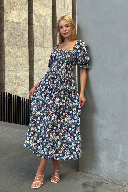 Mix Kare Yaka Beli Gipeli Çiçek Desenli Dokuma Yazlık Elbise BCVL-25V095