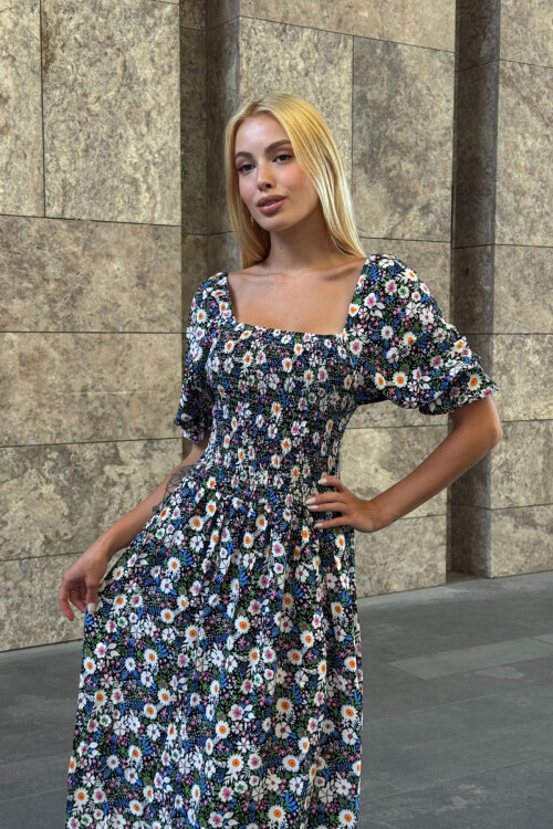 Mix Kare Yaka Beli Gipeli Çiçek Desenli Dokuma Yazlık Elbise BCVL-25V095