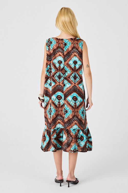 Mix Oval Yaka Çift Cepli Volanlı Kolsuz Midi Elbise BCVL-254026