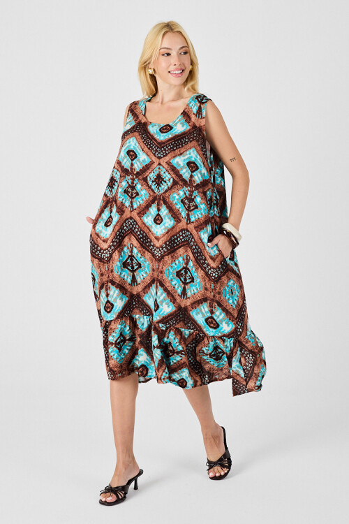 Mix Oval Yaka Çift Cepli Volanlı Kolsuz Midi Elbise BCVL-254026