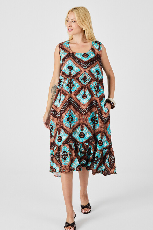 Mix Oval Yaka Çift Cepli Volanlı Kolsuz Midi Elbise BCVL-254026