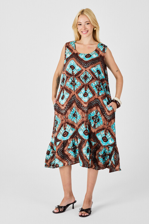 Mix Oval Yaka Çift Cepli Volanlı Kolsuz Midi Elbise BCVL-254026