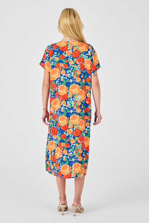 Mix V Yaka Kısa Kollu Midi Boy Desenli Elbise BCVL-254006