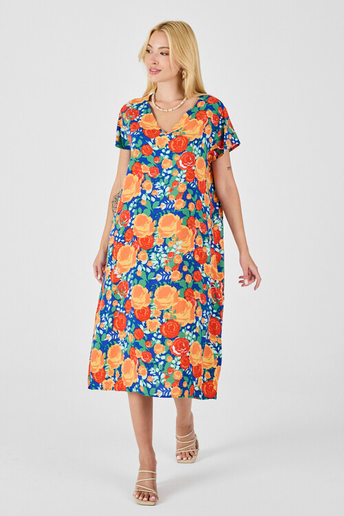 Mix V Yaka Kısa Kollu Midi Boy Desenli Elbise BCVL-254006