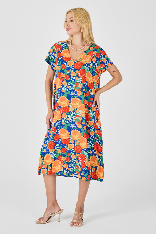 Mix V Yaka Kısa Kollu Midi Boy Desenli Elbise BCVL-254006