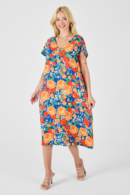 Mix V Yaka Kısa Kollu Midi Boy Desenli Elbise BCVL-254006