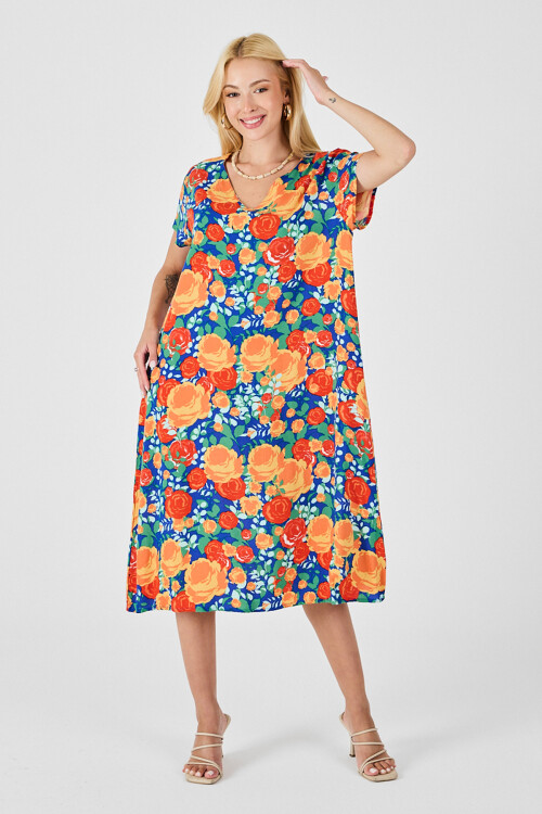 Mix V Yaka Kısa Kollu Midi Boy Desenli Elbise BCVL-254006