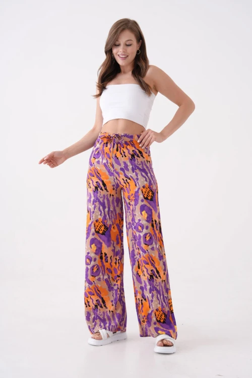 Mor Beli Bağlamalı Bol Kesim Palazzo Yazlık Pantolon