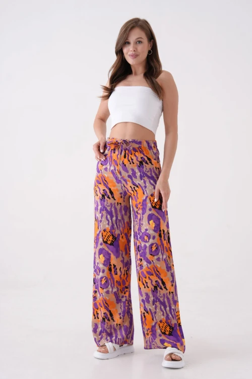 Mor Beli Bağlamalı Bol Kesim Palazzo Yazlık Pantolon