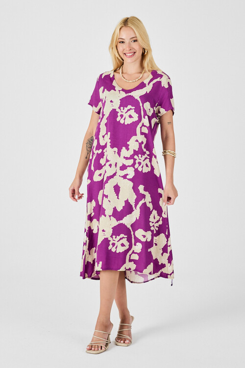 Mor Derin V Yaka Yırtmaçlı Desenli Midi Boy Elbise BCVL-254012