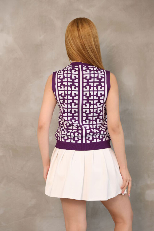 Mor Desenli Düğme Detaylı Kolsuz Triko Bluz BCES-252000