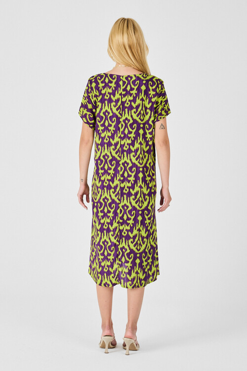 Mor Desenli V Yaka Midi Boy Elbise BCVL-254014