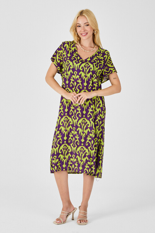 Mor Desenli V Yaka Midi Boy Elbise BCVL-254014