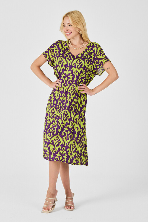 Mor Desenli V Yaka Midi Boy Elbise BCVL-254014