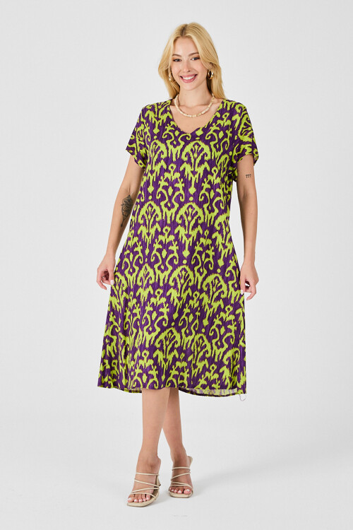 Mor Desenli V Yaka Midi Boy Elbise BCVL-254014