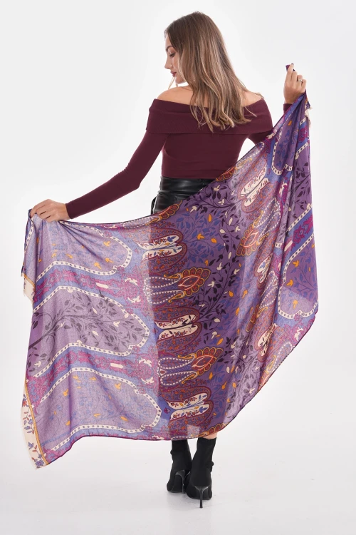 Mor Otantik Desenli Şal