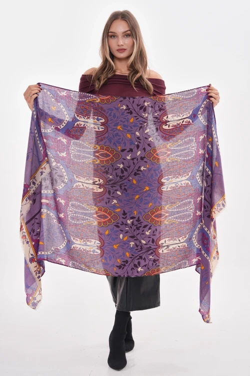 Mor Otantik Desenli Şal