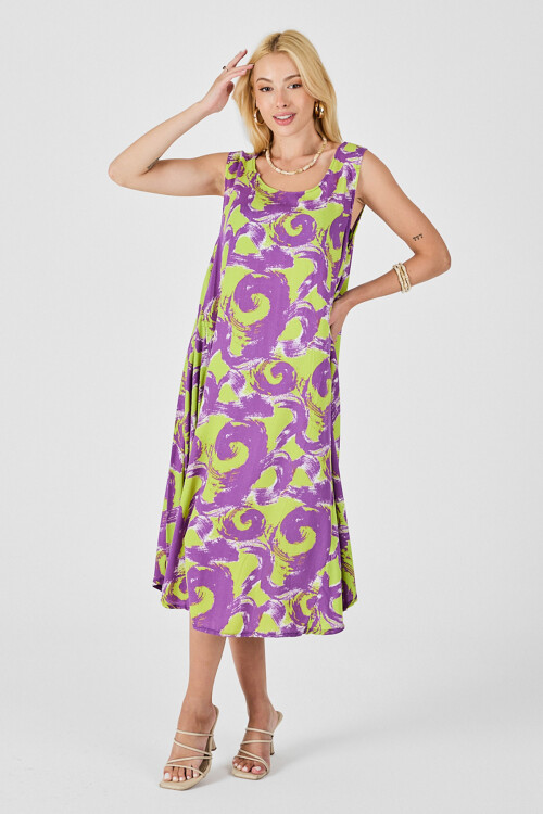 Mor U Yaka Kolsuz Asimetrik Kesim Midi Boy Elbise BCVL-254017