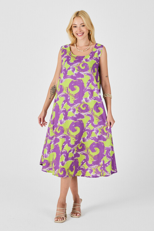 Mor U Yaka Kolsuz Asimetrik Kesim Midi Boy Elbise BCVL-254017